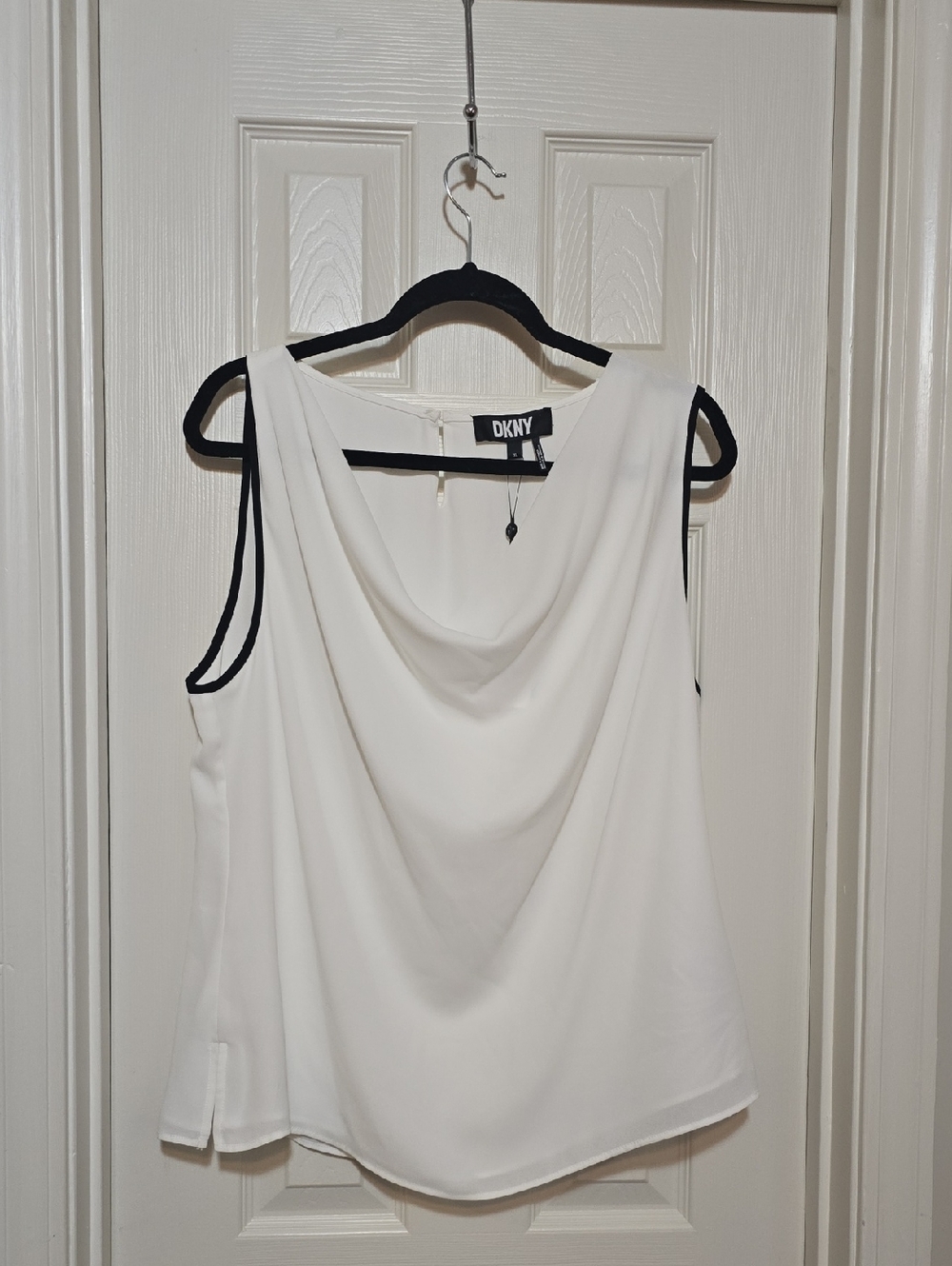 DKNY White Cowl Neck Sleeveless Top with Black Trim